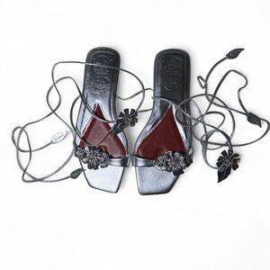 Roger Vivier Women's Metallic Silver Blossom Lace-up Flat Sandal Sz EU 37 NWOT